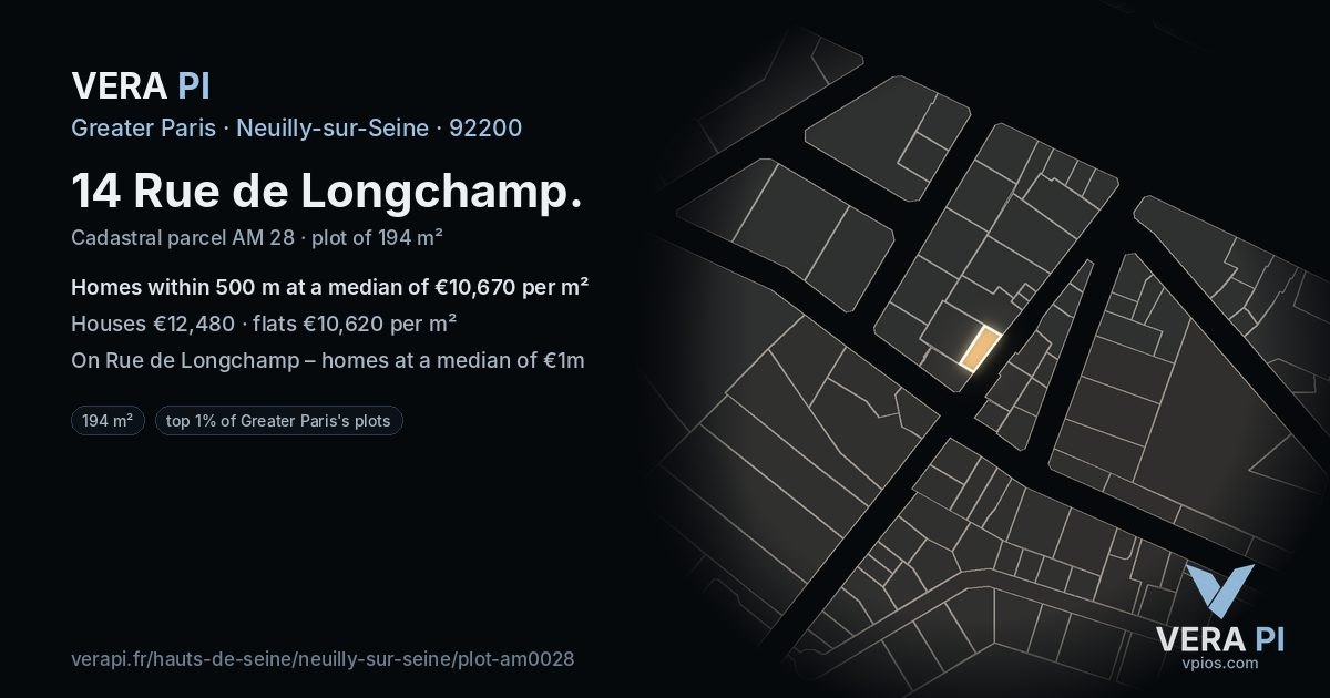 14 Rue de Longchamp, Neuilly-sur-Seine at night – the plot lit, the parcels around coloured by the prices near them