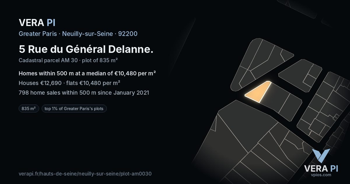 5 Rue du Général Delanne, Neuilly-sur-Seine at night – the plot lit, the parcels around coloured by the prices near them
