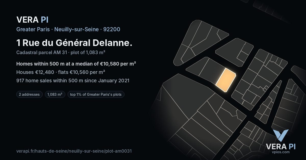 1 Rue du Général Delanne, Neuilly-sur-Seine at night – the plot lit, the parcels around coloured by the prices near them