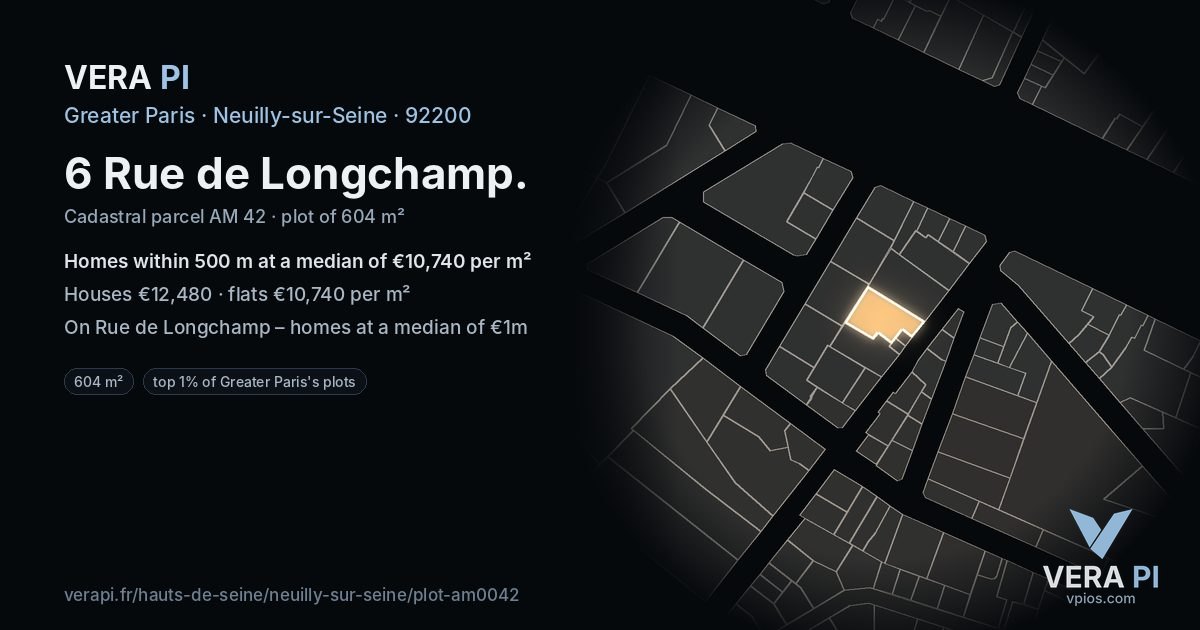 6 Rue de Longchamp, Neuilly-sur-Seine at night – the plot lit, the parcels around coloured by the prices near them