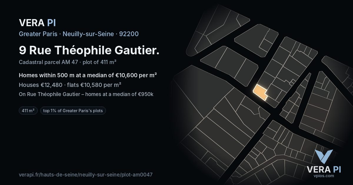 9 Rue Théophile Gautier, Neuilly-sur-Seine at night – the plot lit, the parcels around coloured by the prices near them
