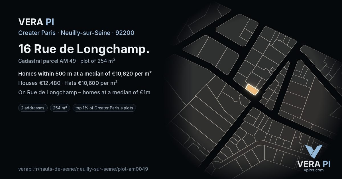 16 Rue de Longchamp, Neuilly-sur-Seine at night – the plot lit, the parcels around coloured by the prices near them