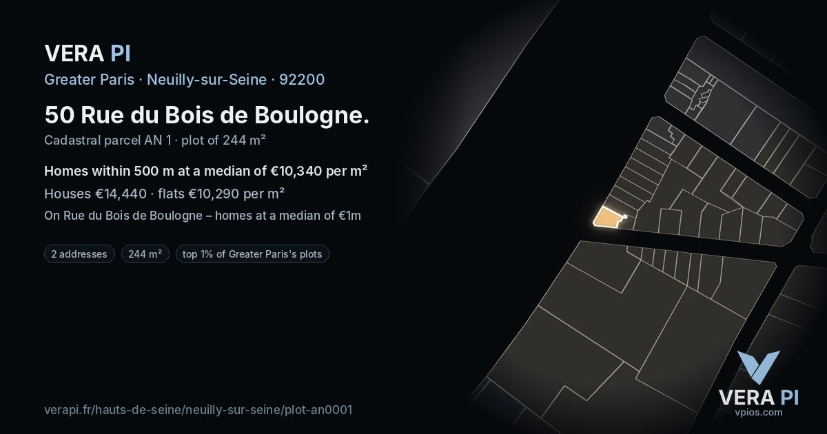 50 Rue du Bois de Boulogne, Neuilly-sur-Seine at night – the plot lit, the parcels around coloured by the prices near them