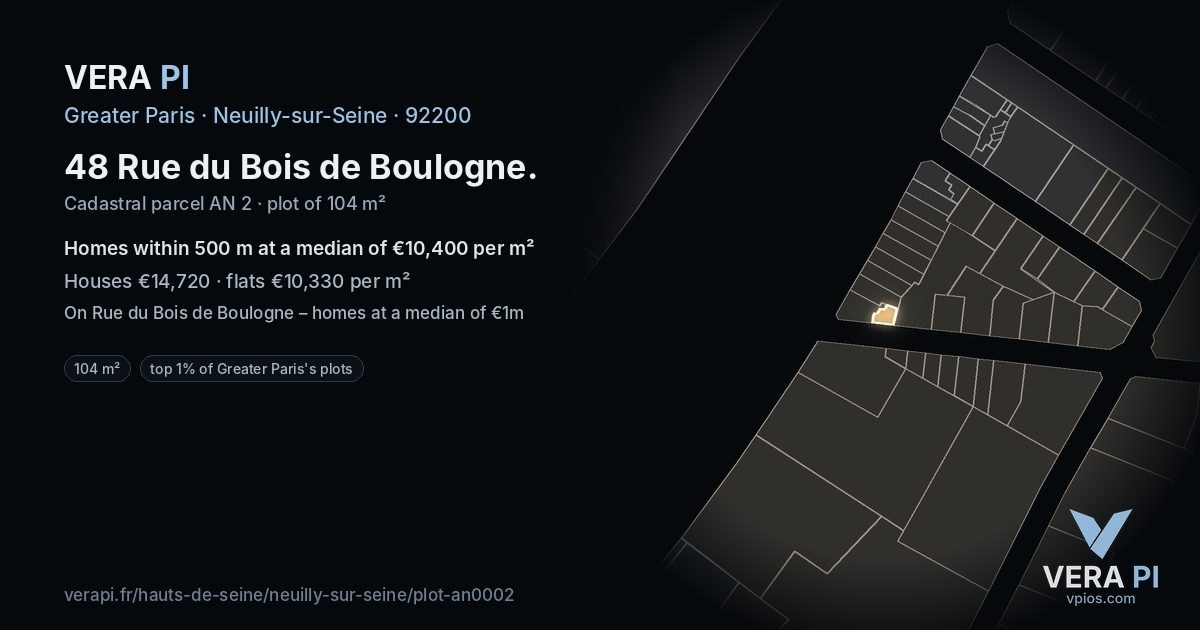 48 Rue du Bois de Boulogne, Neuilly-sur-Seine at night – the plot lit, the parcels around coloured by the prices near them