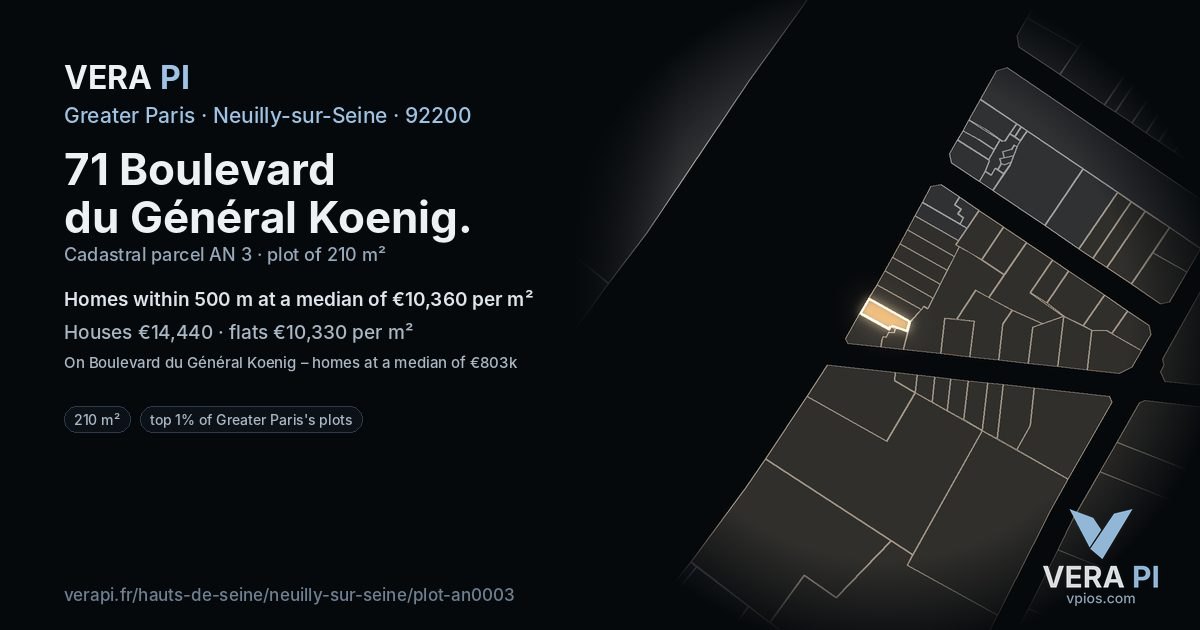 71 Boulevard du Général Koenig, Neuilly-sur-Seine at night – the plot lit, the parcels around coloured by the prices near them