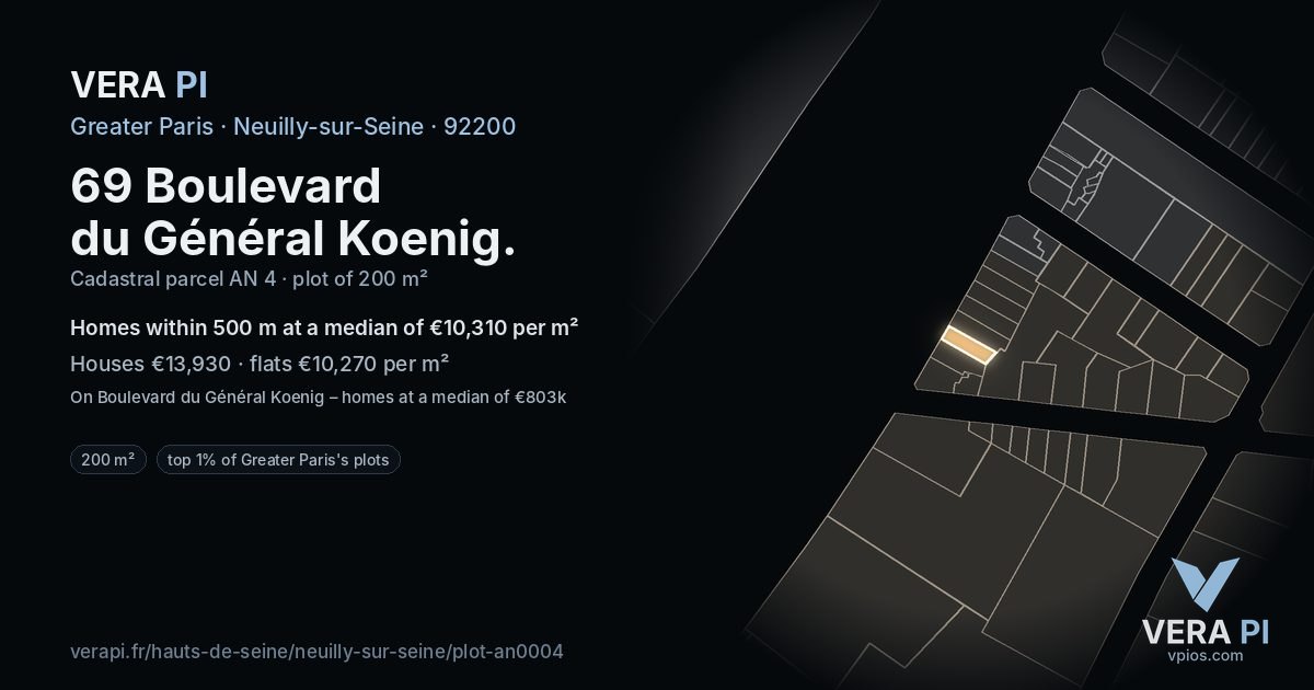 69 Boulevard du Général Koenig, Neuilly-sur-Seine at night – the plot lit, the parcels around coloured by the prices near them