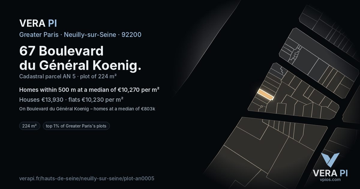 67 Boulevard du Général Koenig, Neuilly-sur-Seine at night – the plot lit, the parcels around coloured by the prices near them