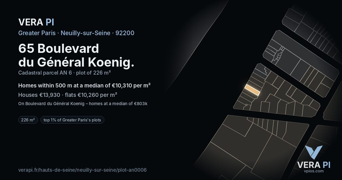 65 Boulevard du Général Koenig, Neuilly-sur-Seine at night – the plot lit, the parcels around coloured by the prices near them