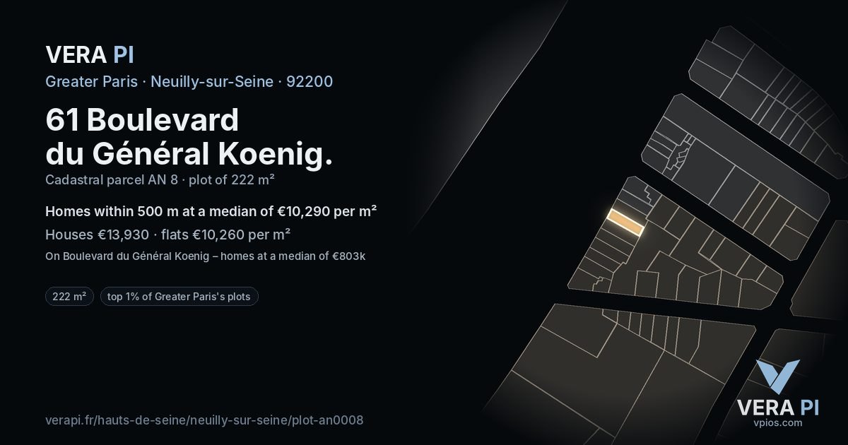 61 Boulevard du Général Koenig, Neuilly-sur-Seine at night – the plot lit, the parcels around coloured by the prices near them