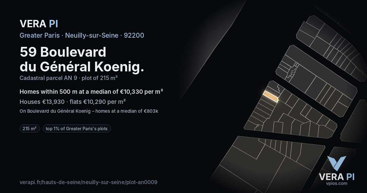 59 Boulevard du Général Koenig, Neuilly-sur-Seine at night – the plot lit, the parcels around coloured by the prices near them