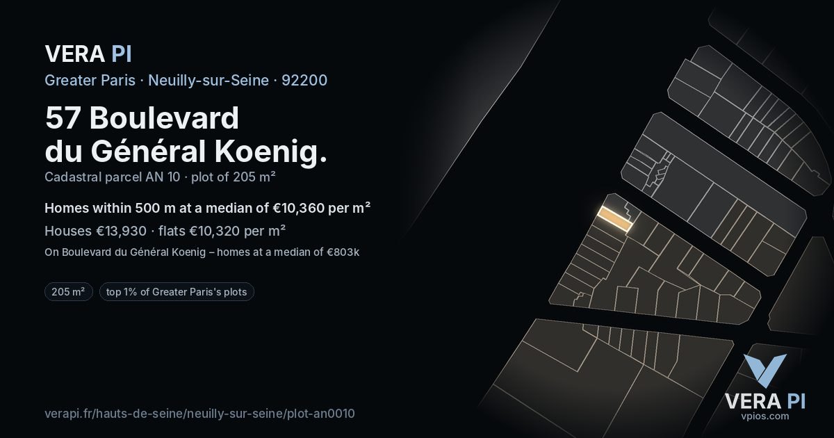 57 Boulevard du Général Koenig, Neuilly-sur-Seine at night – the plot lit, the parcels around coloured by the prices near them