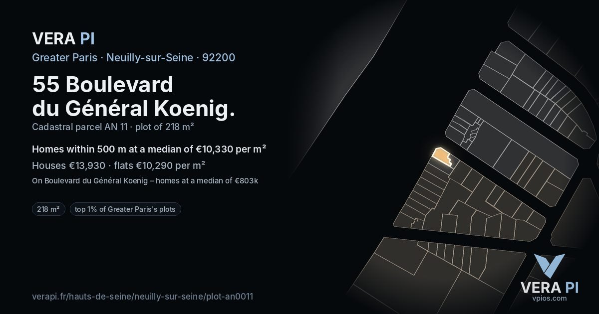 55 Boulevard du Général Koenig, Neuilly-sur-Seine at night – the plot lit, the parcels around coloured by the prices near them