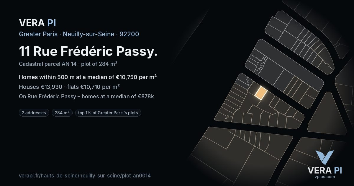 11 Rue Frédéric Passy, Neuilly-sur-Seine at night – the plot lit, the parcels around coloured by the prices near them