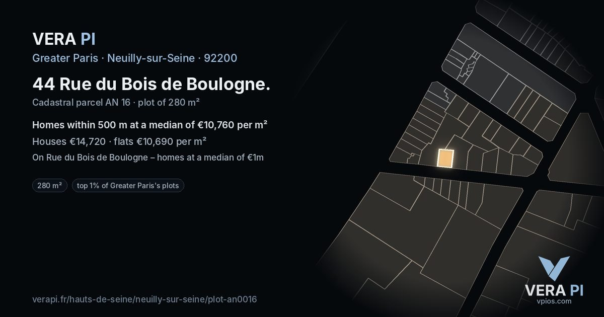 44 Rue du Bois de Boulogne, Neuilly-sur-Seine at night – the plot lit, the parcels around coloured by the prices near them