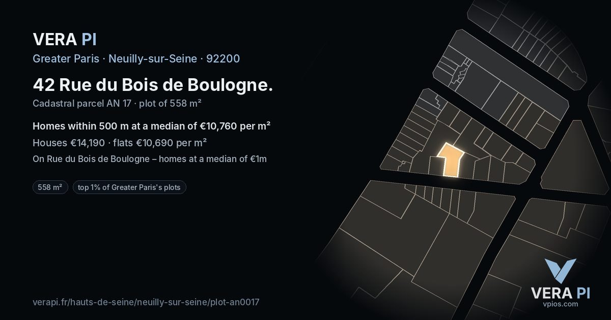 42 Rue du Bois de Boulogne, Neuilly-sur-Seine at night – the plot lit, the parcels around coloured by the prices near them