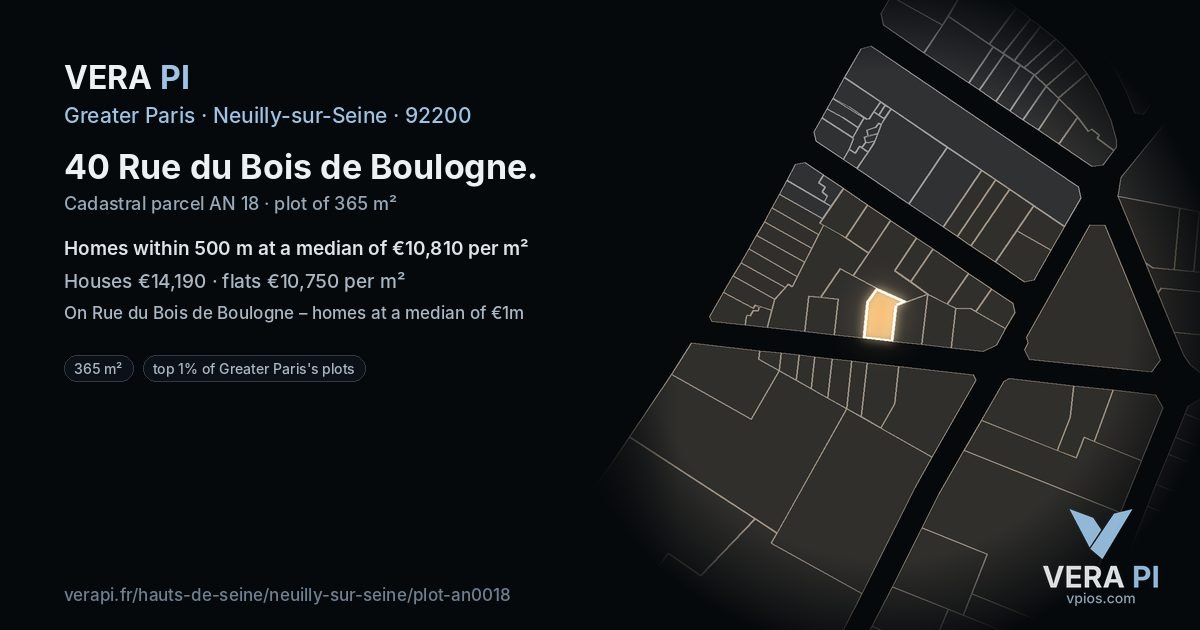 40 Rue du Bois de Boulogne, Neuilly-sur-Seine at night – the plot lit, the parcels around coloured by the prices near them