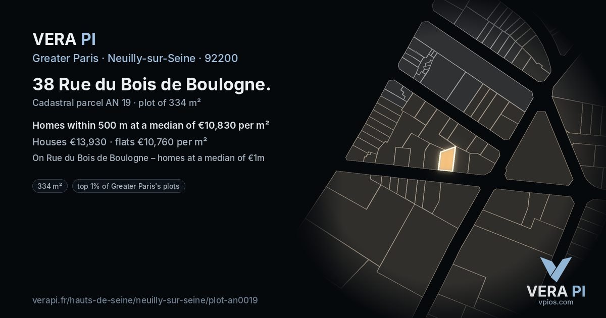 38 Rue du Bois de Boulogne, Neuilly-sur-Seine at night – the plot lit, the parcels around coloured by the prices near them