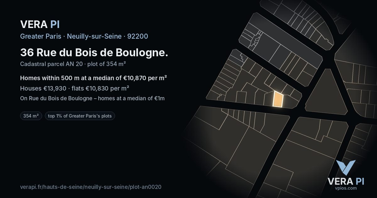 36 Rue du Bois de Boulogne, Neuilly-sur-Seine at night – the plot lit, the parcels around coloured by the prices near them
