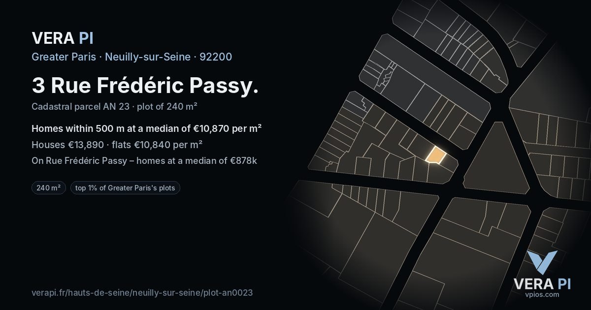 3 Rue Frédéric Passy, Neuilly-sur-Seine at night – the plot lit, the parcels around coloured by the prices near them
