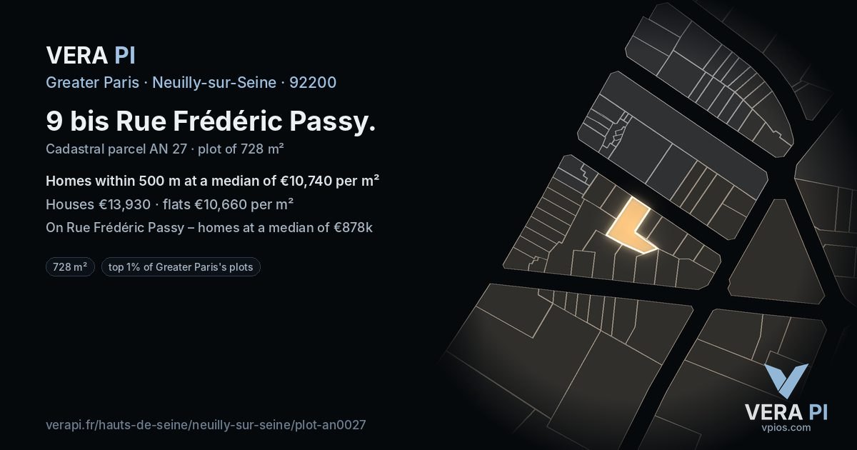 9 bis Rue Frédéric Passy, Neuilly-sur-Seine at night – the plot lit, the parcels around coloured by the prices near them