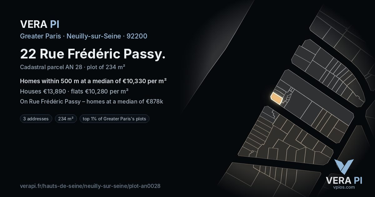 22 Rue Frédéric Passy, Neuilly-sur-Seine at night – the plot lit, the parcels around coloured by the prices near them