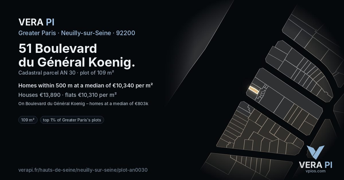 51 Boulevard du Général Koenig, Neuilly-sur-Seine at night – the plot lit, the parcels around coloured by the prices near them