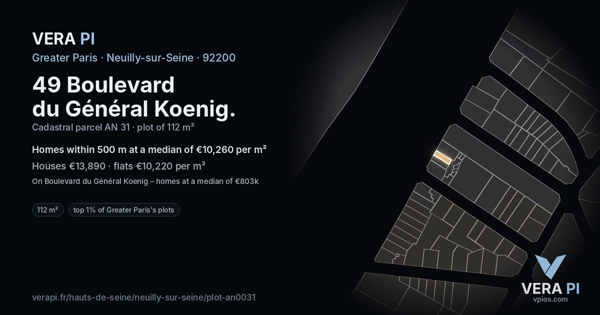 49 Boulevard du Général Koenig, Neuilly-sur-Seine at night – the plot lit, the parcels around coloured by the prices near them