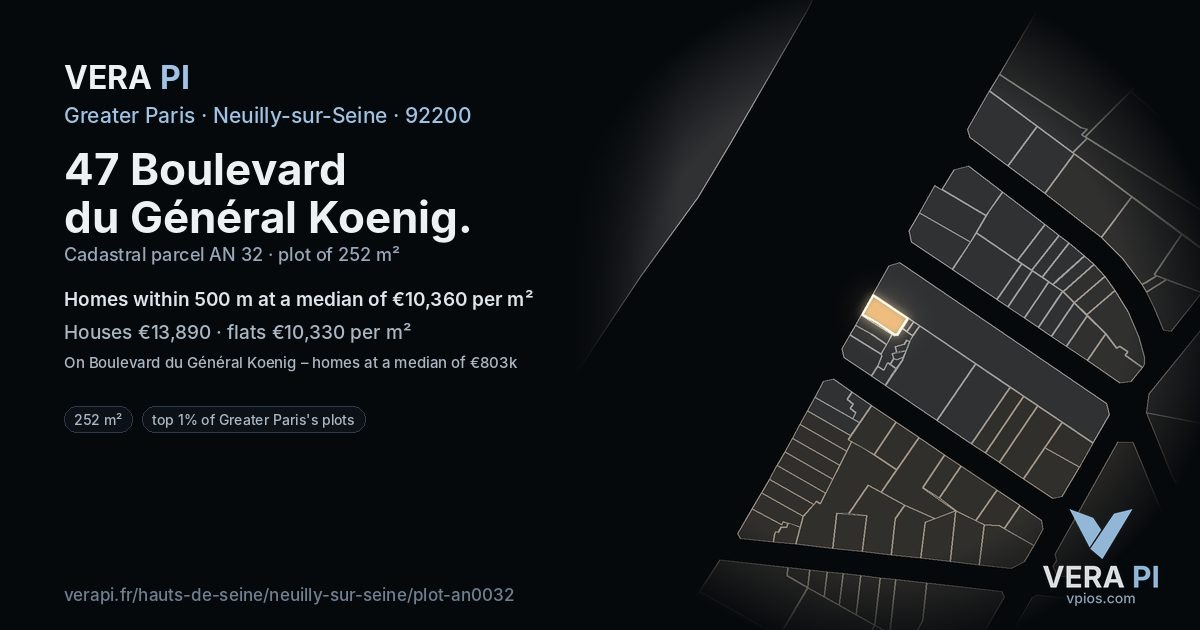 47 Boulevard du Général Koenig, Neuilly-sur-Seine at night – the plot lit, the parcels around coloured by the prices near them