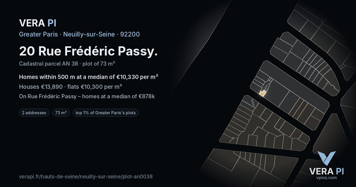 20 Rue Frédéric Passy, Neuilly-sur-Seine at night – the plot lit, the parcels around coloured by the prices near them