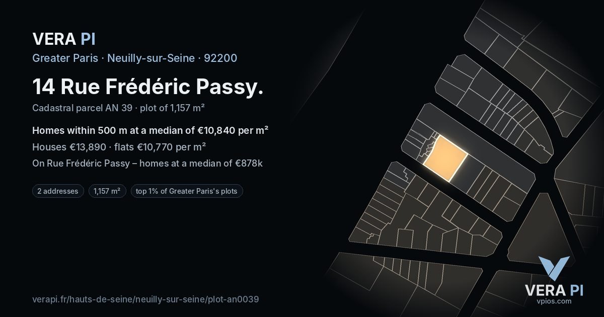 14 Rue Frédéric Passy, Neuilly-sur-Seine at night – the plot lit, the parcels around coloured by the prices near them