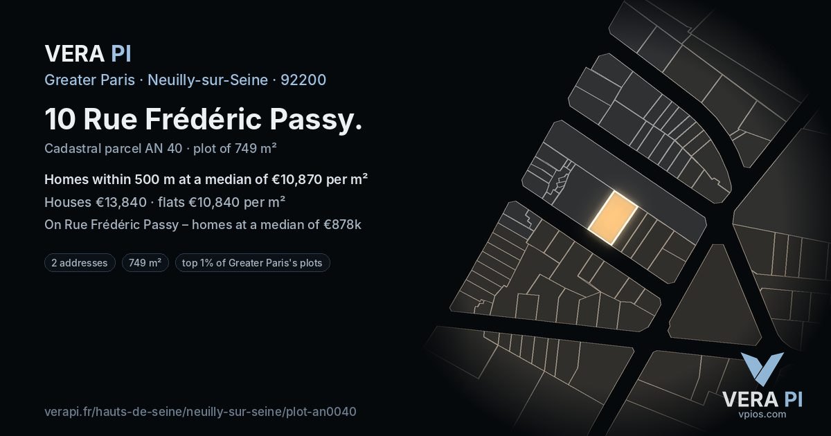 10 Rue Frédéric Passy, Neuilly-sur-Seine at night – the plot lit, the parcels around coloured by the prices near them