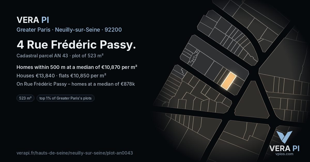 4 Rue Frédéric Passy, Neuilly-sur-Seine at night – the plot lit, the parcels around coloured by the prices near them