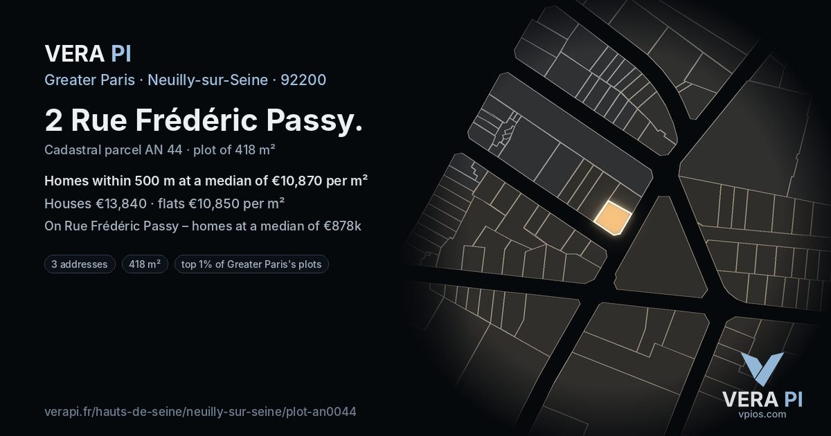 2 Rue Frédéric Passy, Neuilly-sur-Seine at night – the plot lit, the parcels around coloured by the prices near them