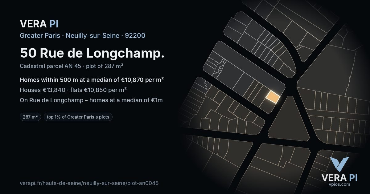 50 Rue de Longchamp, Neuilly-sur-Seine at night – the plot lit, the parcels around coloured by the prices near them