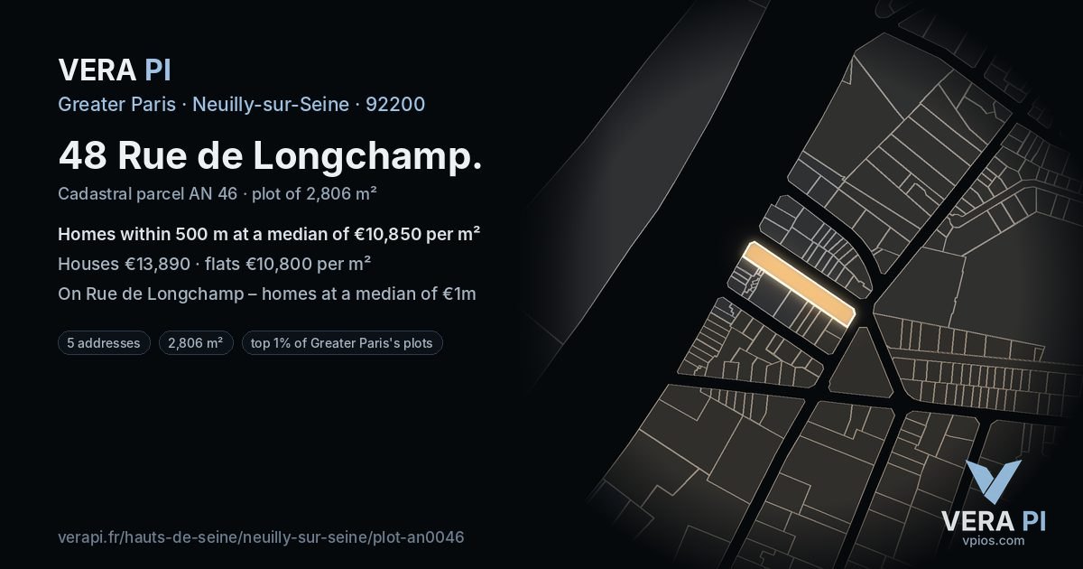 48 Rue de Longchamp, Neuilly-sur-Seine at night – the plot lit, the parcels around coloured by the prices near them