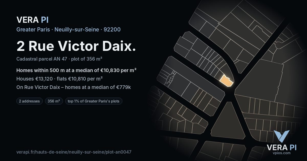 2 Rue Victor Daix, Neuilly-sur-Seine at night – the plot lit, the parcels around coloured by the prices near them