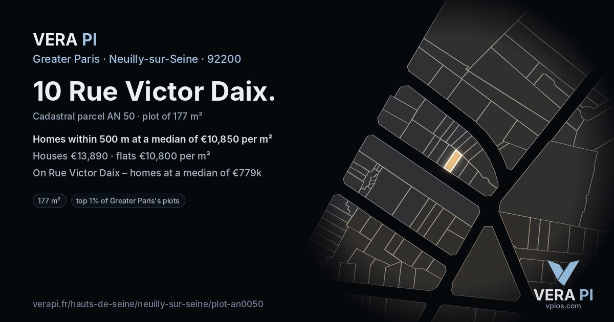 10 Rue Victor Daix, Neuilly-sur-Seine at night – the plot lit, the parcels around coloured by the prices near them