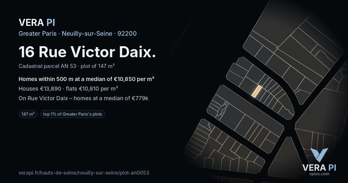 16 Rue Victor Daix, Neuilly-sur-Seine at night – the plot lit, the parcels around coloured by the prices near them