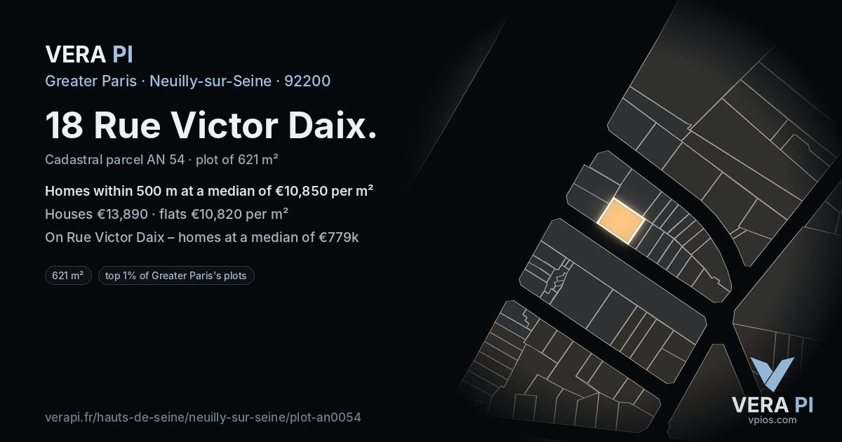 18 Rue Victor Daix, Neuilly-sur-Seine at night – the plot lit, the parcels around coloured by the prices near them