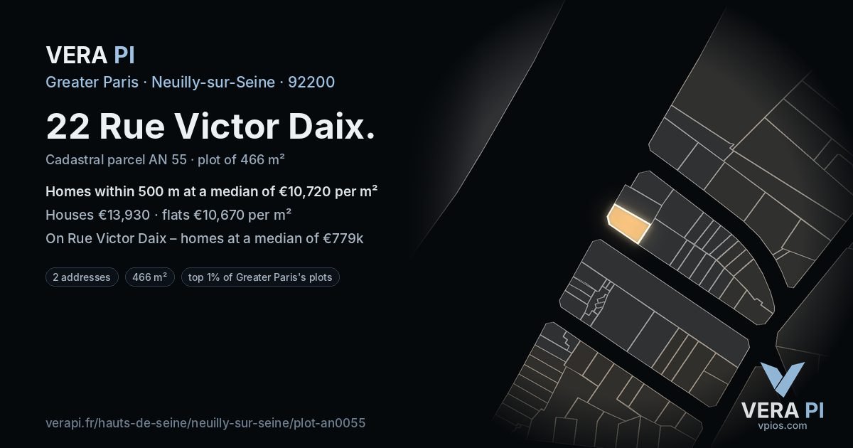 22 Rue Victor Daix, Neuilly-sur-Seine at night – the plot lit, the parcels around coloured by the prices near them