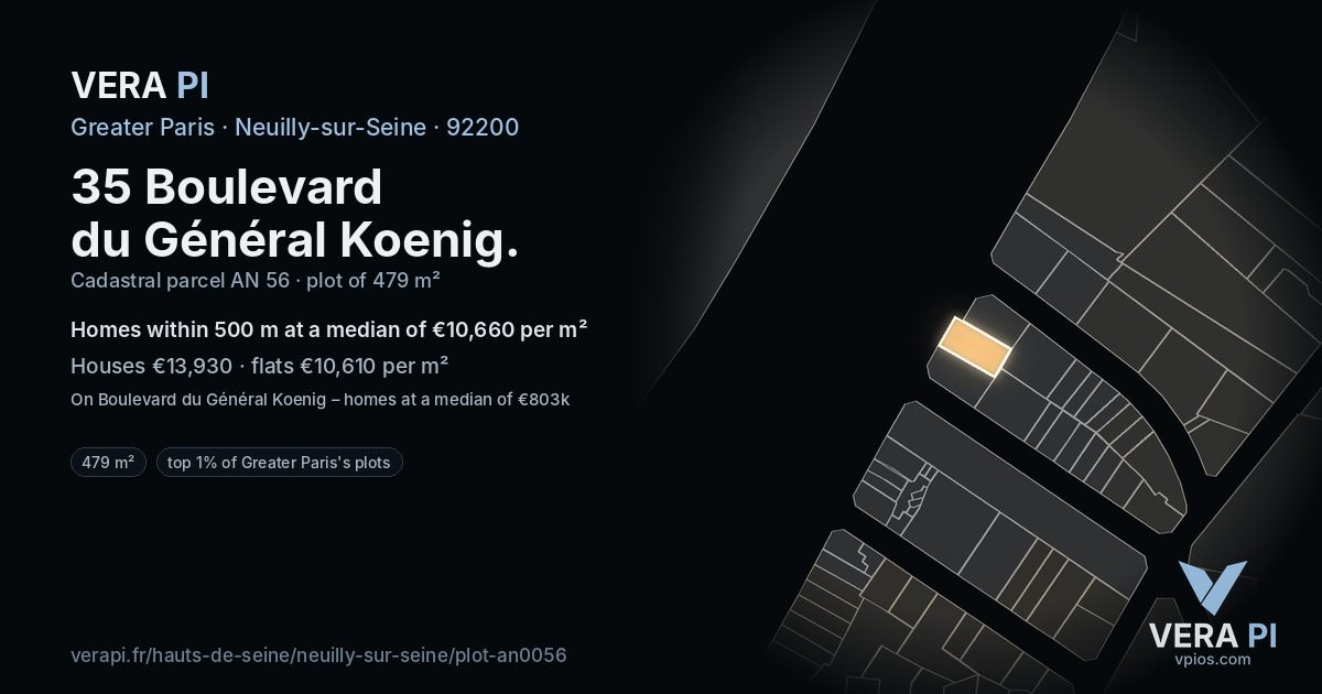 35 Boulevard du Général Koenig, Neuilly-sur-Seine at night – the plot lit, the parcels around coloured by the prices near them