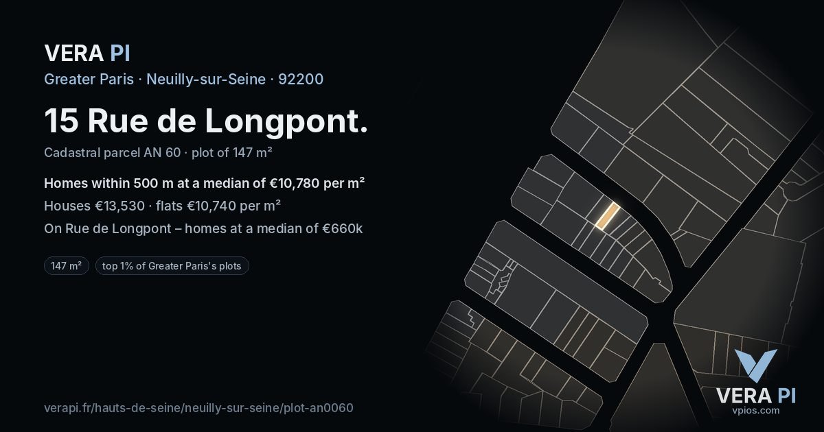 15 Rue de Longpont, Neuilly-sur-Seine at night – the plot lit, the parcels around coloured by the prices near them