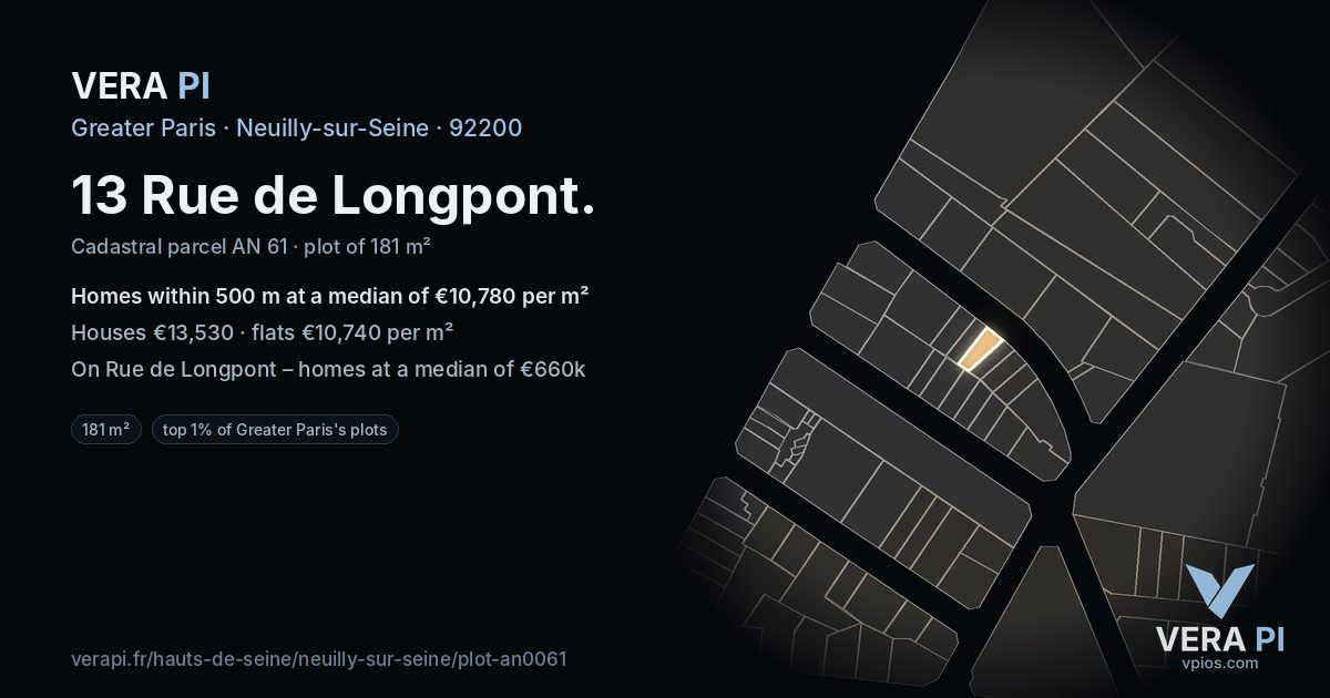 13 Rue de Longpont, Neuilly-sur-Seine at night – the plot lit, the parcels around coloured by the prices near them