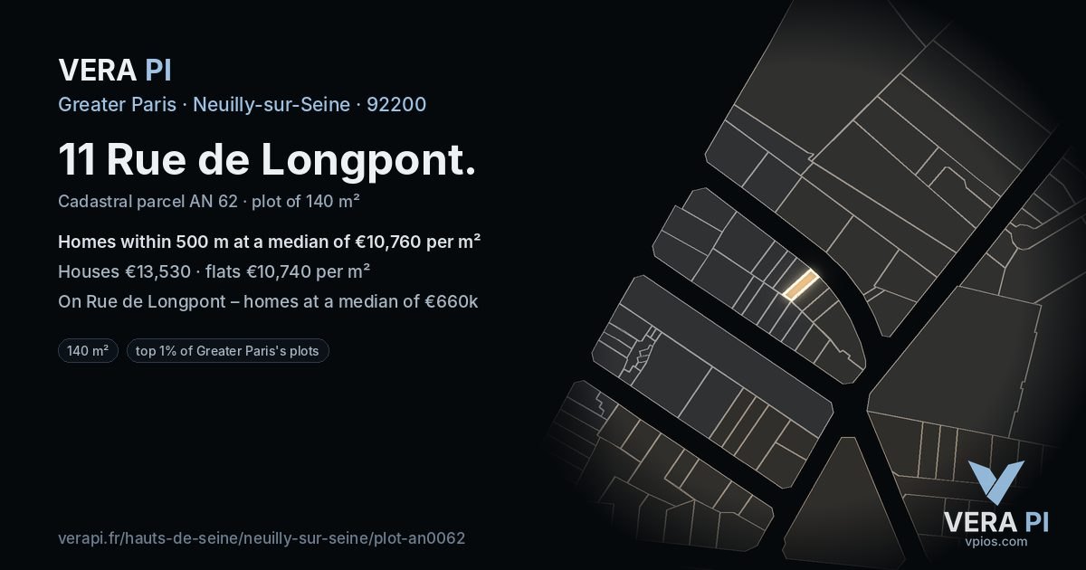 11 Rue de Longpont, Neuilly-sur-Seine at night – the plot lit, the parcels around coloured by the prices near them