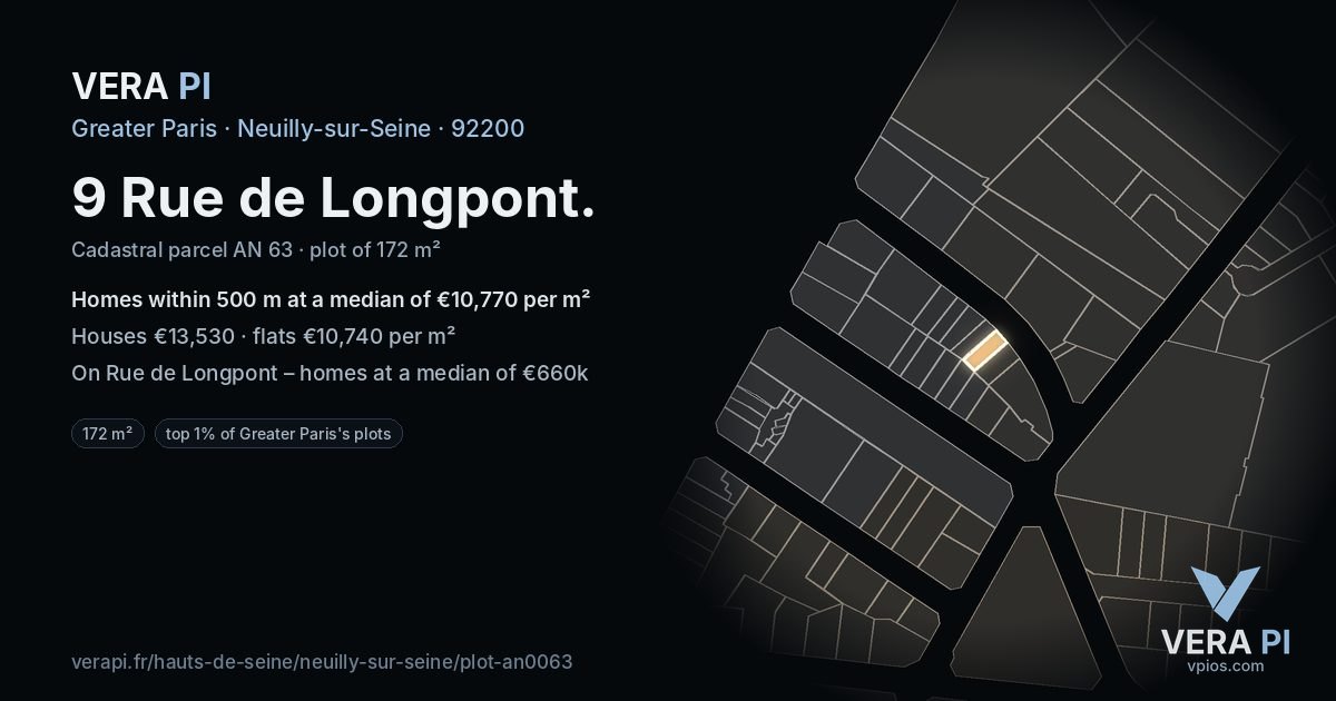 9 Rue de Longpont, Neuilly-sur-Seine at night – the plot lit, the parcels around coloured by the prices near them