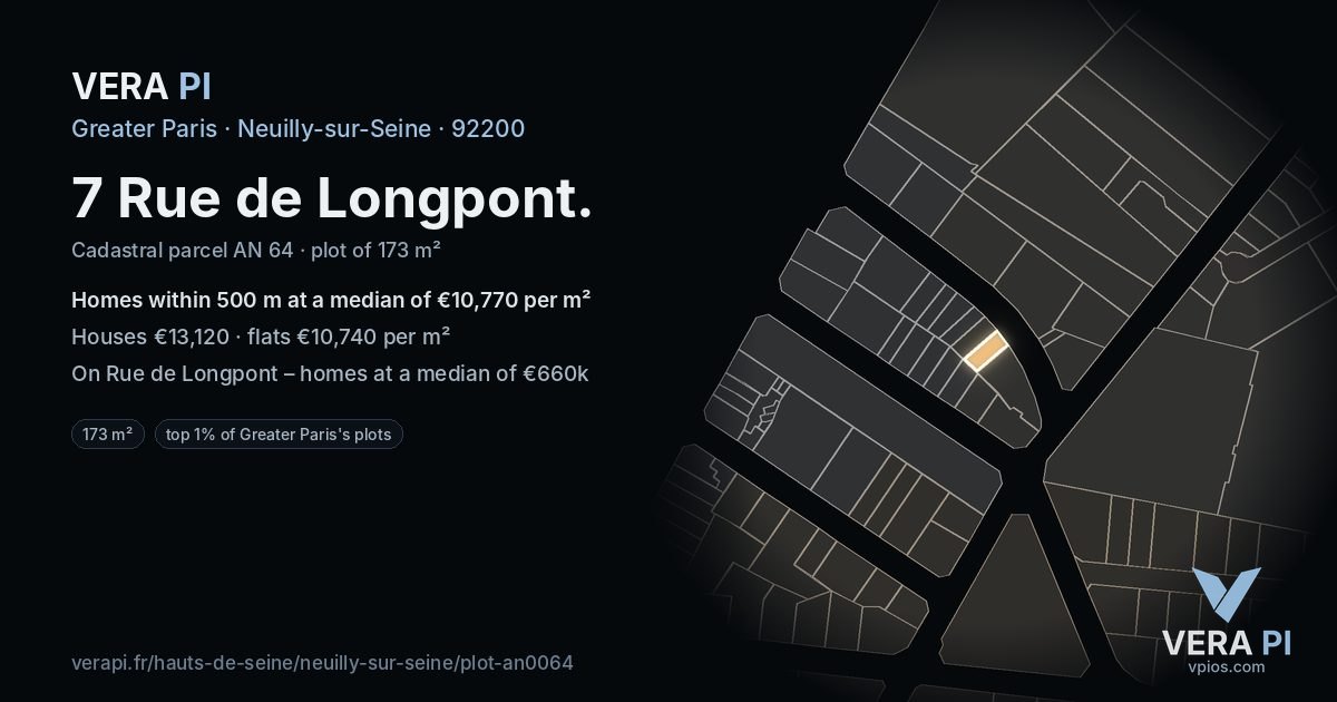 7 Rue de Longpont, Neuilly-sur-Seine at night – the plot lit, the parcels around coloured by the prices near them