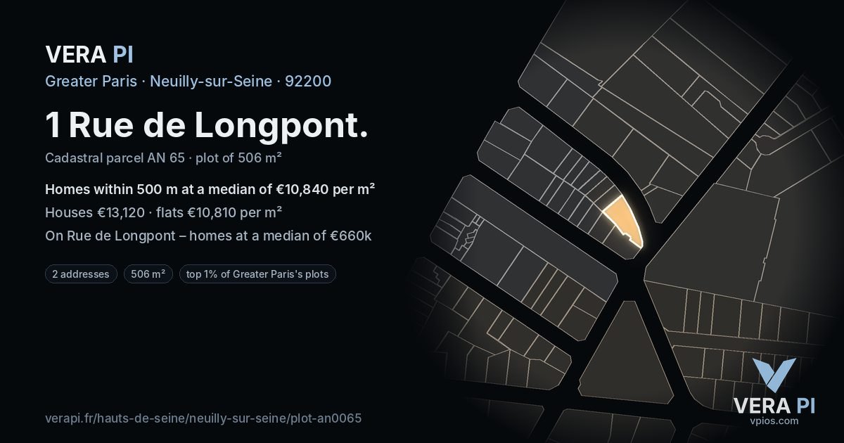 1 Rue de Longpont, Neuilly-sur-Seine at night – the plot lit, the parcels around coloured by the prices near them