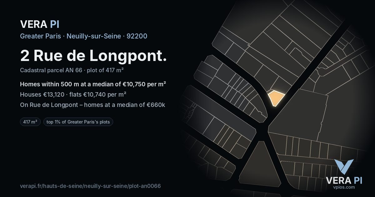 2 Rue de Longpont, Neuilly-sur-Seine at night – the plot lit, the parcels around coloured by the prices near them