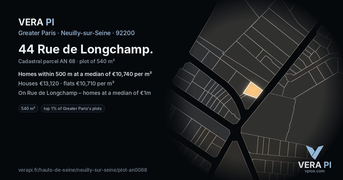 44 Rue de Longchamp, Neuilly-sur-Seine at night – the plot lit, the parcels around coloured by the prices near them