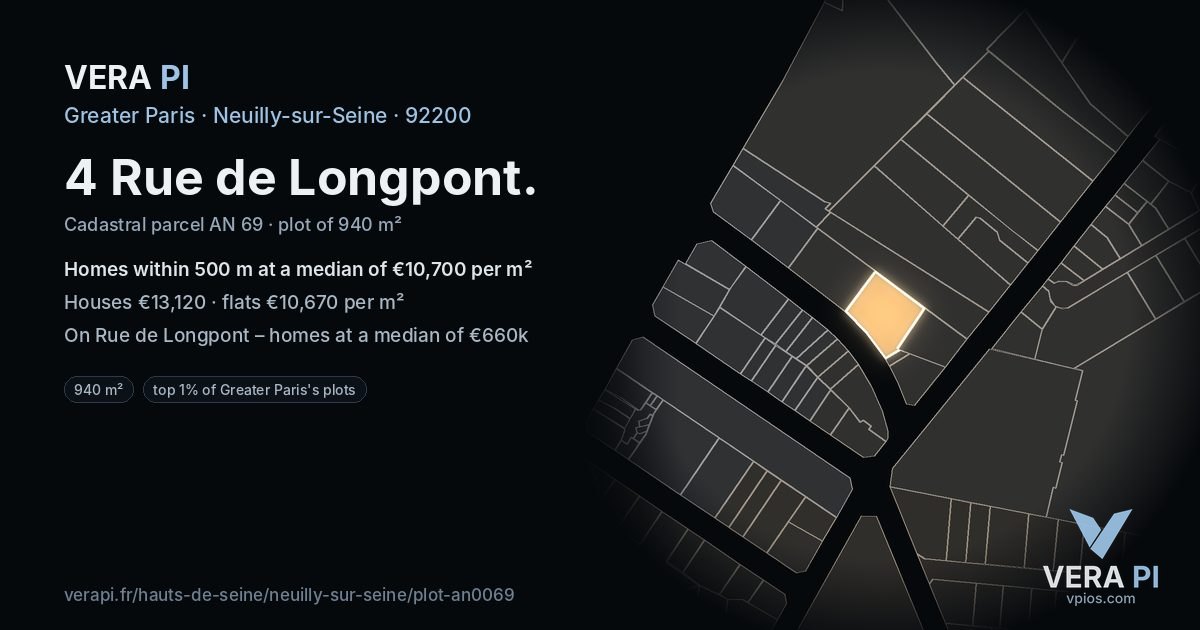 4 Rue de Longpont, Neuilly-sur-Seine at night – the plot lit, the parcels around coloured by the prices near them
